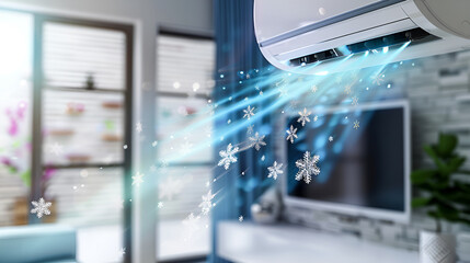 Close-up of a modern white wall-mounted air conditioner blowing a blue stream of cold air with snowflakes in a modern beige living room with copy space