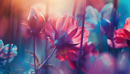 Flowers sunlight, gradient pink blue. Petals intricate details and textures. With and greenery depth.