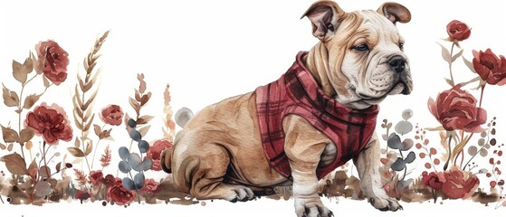 Cute watercolor bull terrier in a dress, funny illustration for cards and prints - obrazy, fototapety, plakaty
