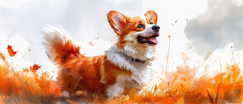 The illustration depicts a cute watercolor corgi with a cartoon character that could be used for cards or prints.