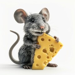 small, funny, cartoon mouse isolated on a white background with a piece of cheese in its paws. Character for children's literature, design for printing on paper, fabric, packaging. Design for the crea