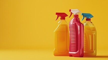 Three bottles of cleaning products on a bright yellow surface. Ideal for household cleaning ads