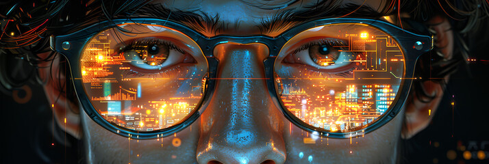 Big Data Cyber security Illustration 3D Image,
Observing AI technology through eyeglasses with reflections
