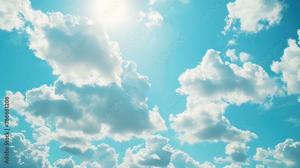 Poster sun shining through clouds in blue sky, perfect for nature and weather concepts