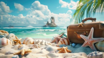 Fototapeta na wymiar Suitcase resting on a sandy beach, perfect for travel concepts