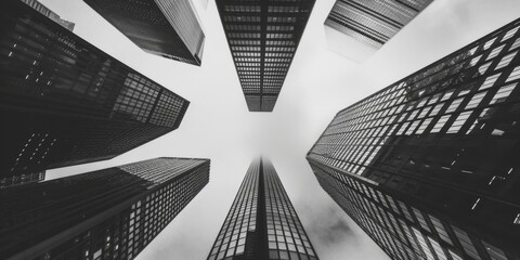 A striking black and white photo of tall buildings. Perfect for architectural design projects