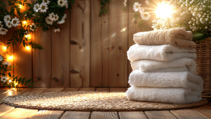 Cozy scene with fluffy white and beige towels stacked on a woven matting rug. Warm lights and daisies create a relaxing ambiance. - obrazy, fototapety, plakaty