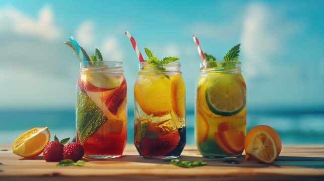 Three mason jars filled with different types of beverages. Suitable for food and drink concepts