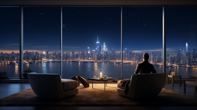 Modern living room with panoramic windows. Picturesque view of night lights city. Luxury business interior design. Skyline at dawn