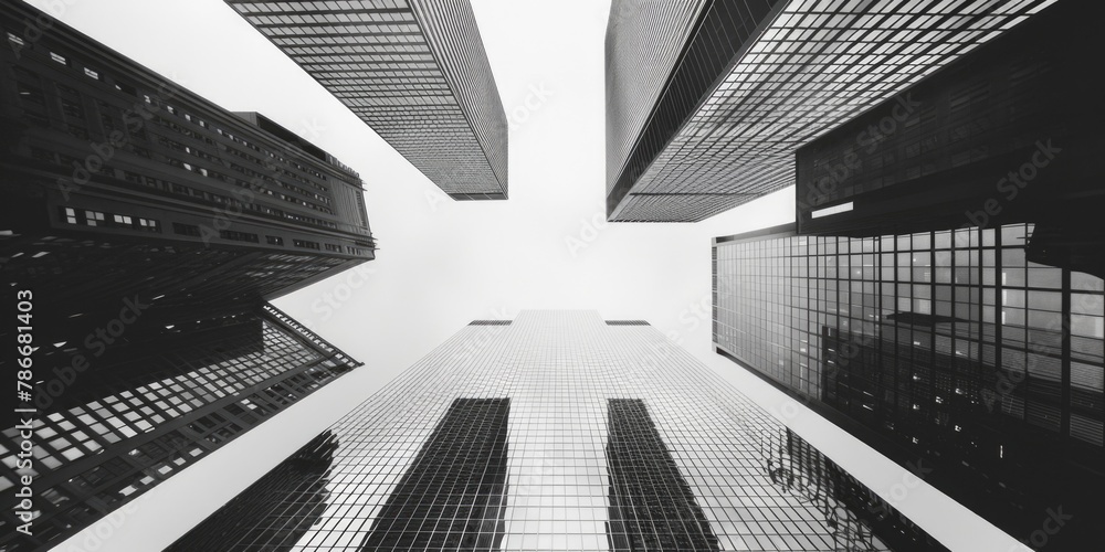 Poster a striking black and white image of tall buildings in a city. perfect for architectural design proje
