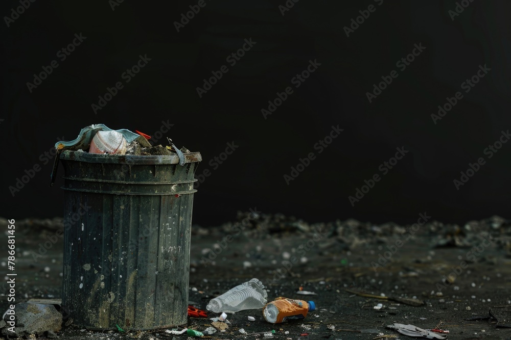 Poster a trash can placed on a dirty ground. suitable for environmental concepts