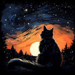 Black cat and night sky background full of stars.