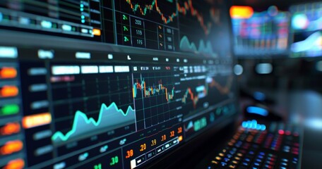 Fototapeta premium Stock Market Analysis: Trading Platform Insights and Financial Data Interpretation, Economic Trends on Digital Dashboard
