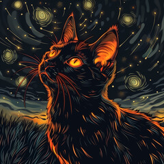 Black cat and night sky background full of stars.