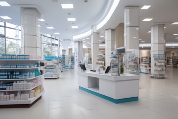 Pharmacy interior design.  Medicine on shelves in Pharmacy ,  background.  Drags, healthcare product in a pharmacy store. Farm industry.