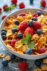 A delicious bowl of cereal with fresh berries and blueberries, perfect for breakfast concept