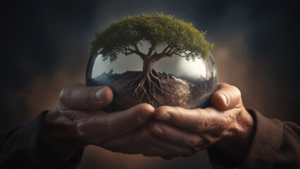 hands holding a globe with a tree on a dark background with copy space. The concept of protecting the planet is the threat of global warming, interethnic wars and conflicts - 786681674