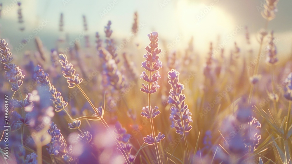 Poster Beautiful field of lavender flowers with the sun shining in the background. Perfect for nature and summer-themed designs