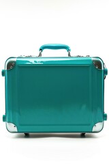 Blue suitcase on white floor, suitable for travel themes
