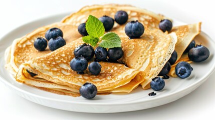Delicious homemade pancakes topped with fresh blueberries. Perfect for breakfast or brunch - obrazy, fototapety, plakaty