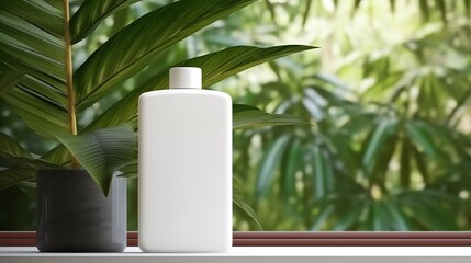 Mock up of blank label of shampoo, lotion,  moisturize on tropic  palm leaves background. Empty show for packaging product presentation. Background for cosmetic products, display table
