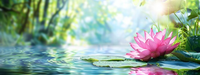 Pink lotus flower floating on calm water in a tranquil, sunlit pond surrounded by greenery. Concept of peace, nature, and serenity.
