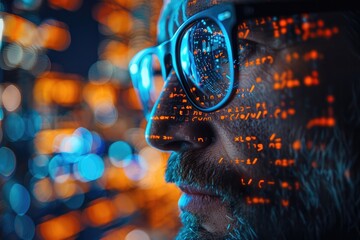 Computer, coding hologram and man in data analytics, information technology overlay or html at night. Programmer or IT person in glasses reading software script, programming or cybersecurity research
