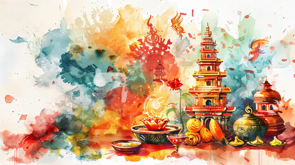Watercolor illustration for tamil new year with symbols. Asain holiday celebration