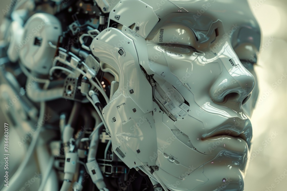 Poster detailed close up of a robot's face, suitable for technology concepts