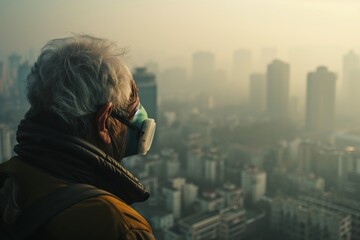An elderly man gazing over a cityscape shrouded in heavy smog.  - obrazy, fototapety, plakaty