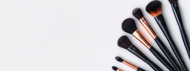 Set of makeup brushes arranged on a split blue and yellow background, showcasing beauty tools and cosmetic essentials. Concept of beauty, fashion, and makeup.
