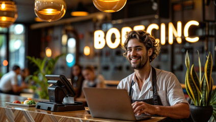 Smiling barista managing a modern cafe named borcinc, working on a laptop at the counter with stylish interior lighting and green plants. Perfect blend of technology and nature.