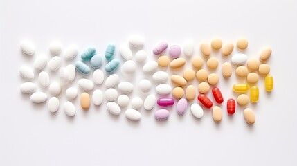 Collection of multicolor pills.  Flat lay of colorful pills and capsules folded into a pettern on white background. Pharmaceutical medical concept