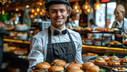 Smiling waiter in a cap and bowtie serves a tray of beautifully garnished gourmet burgers in a lively restaurant. - obrazy, fototapety, plakaty
