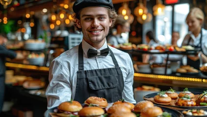 Foto op Plexiglas Smiling waiter in a cap and bowtie serves a tray of beautifully garnished gourmet burgers in a lively restaurant. © remake