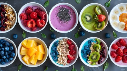 Vibrant Smoothie Bowls: A Colorful and Nutritious Breakfast Option Showcasing Fresh Fruits, Nuts, and Seeds
