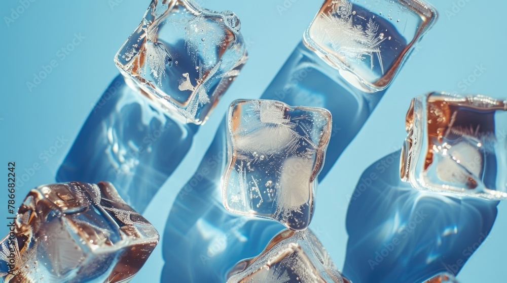 Poster a group of ice cubes stacked on top of each other. suitable for beverage or summer themed designs.