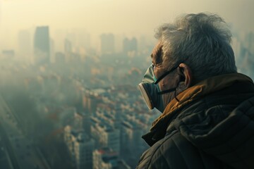An elderly man gazing over a cityscape shrouded in heavy smog. 