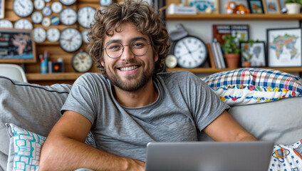 Person with glasses, laptop in cozy home. Shelf with clocks, books, plants and world map, lifestyle knowledge, travel and productivity.