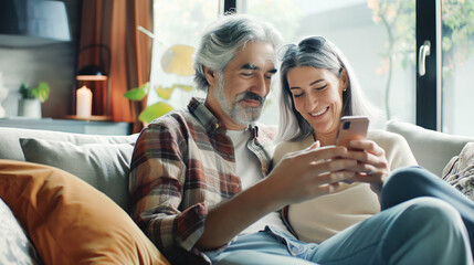 Elderly couple 50 years old have fun using smartphone applications while sitting on the sofa in home interior senior generation and modern technology.