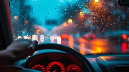 pov of a driver at rainy day at big city - 786682262