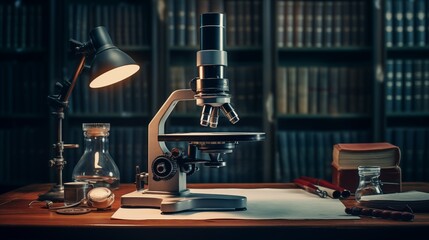 Microscope, glass bottles,  handwritten notes, book shelves, library - vintage scientific study...