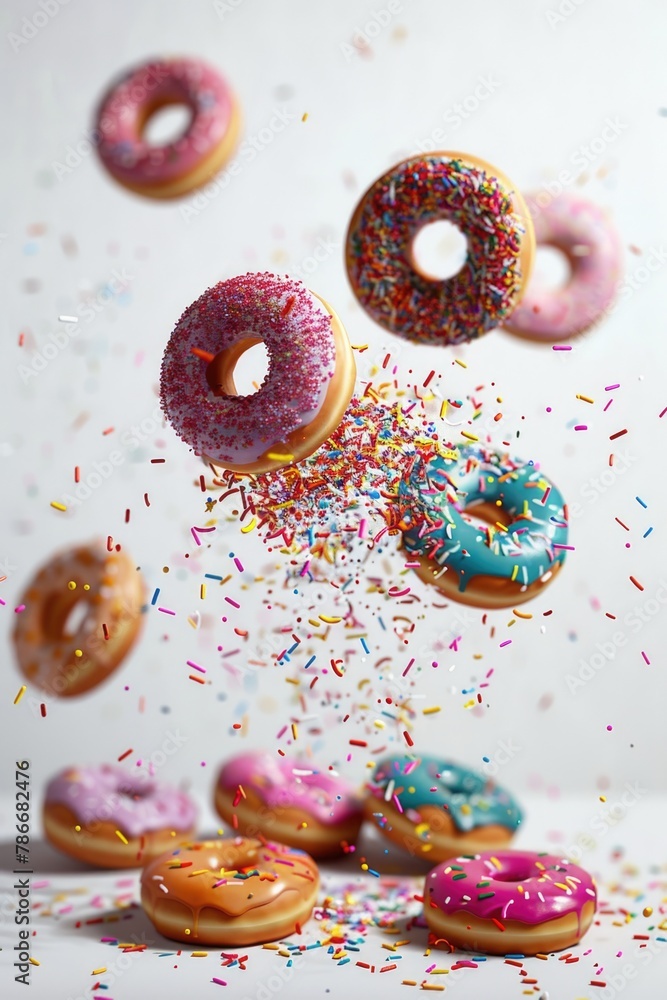 Poster colorful doughnuts with sprinkles falling from them. ideal for bakery or dessert concepts
