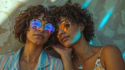Two stylish individuals showcasing round sunglasses with colorful reflections under artistic lighting, enhancing their fashionable appearance with earrings and necklaces against a textured background. - obrazy, fototapety, plakaty