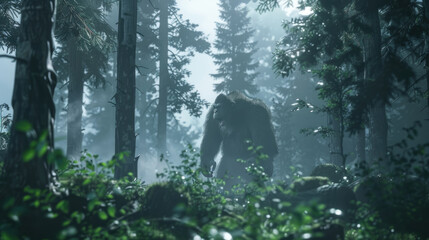 A large, hairy bigfoot creature standing in the center of a dense forest, surrounded by tall trees and foliage - obrazy, fototapety, plakaty