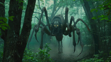 A massive arachnid stands in the midst of a dense forest, its hairy legs and sharp fangs visible as it surveys its surroundings - obrazy, fototapety, plakaty