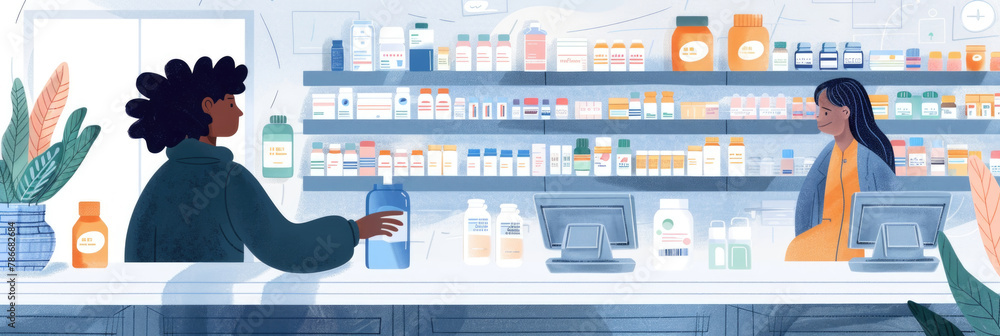 Poster a woman is standing at a store counter, browsing items or making a purchase. the counter is filled w