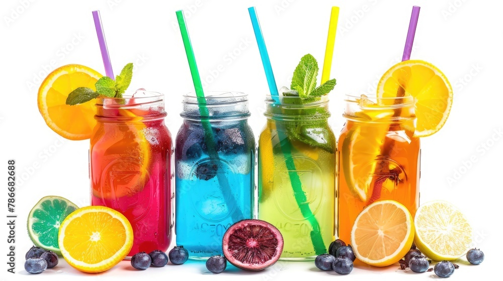Poster row of mason jars filled with various colored drinks, perfect for summer parties