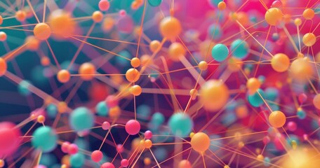Abstract Molecular Structure with Vibrant Colorful Spheres and Network Connections - 3D Scientific Concept Art - obrazy, fototapety, plakaty