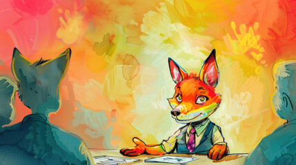 Fototapeta premium A painting of a fox dressed in a suit sitting at a table, portraying a whimsical scene of an anthropomorphic animal in formal attire